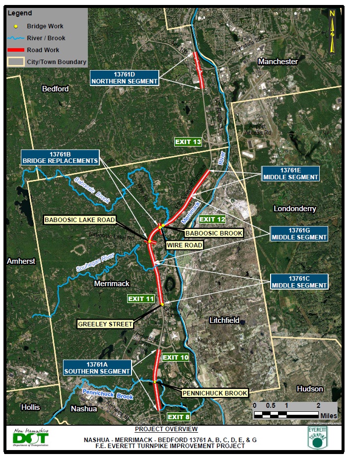 Map showing the Everett Turnpike Widening project broken into southern, middle, and northern segments